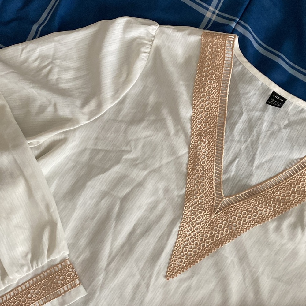 Cream Long Sleeve Blouse with V-neck embroidered Collar and cuffs - Picture 3 of 17